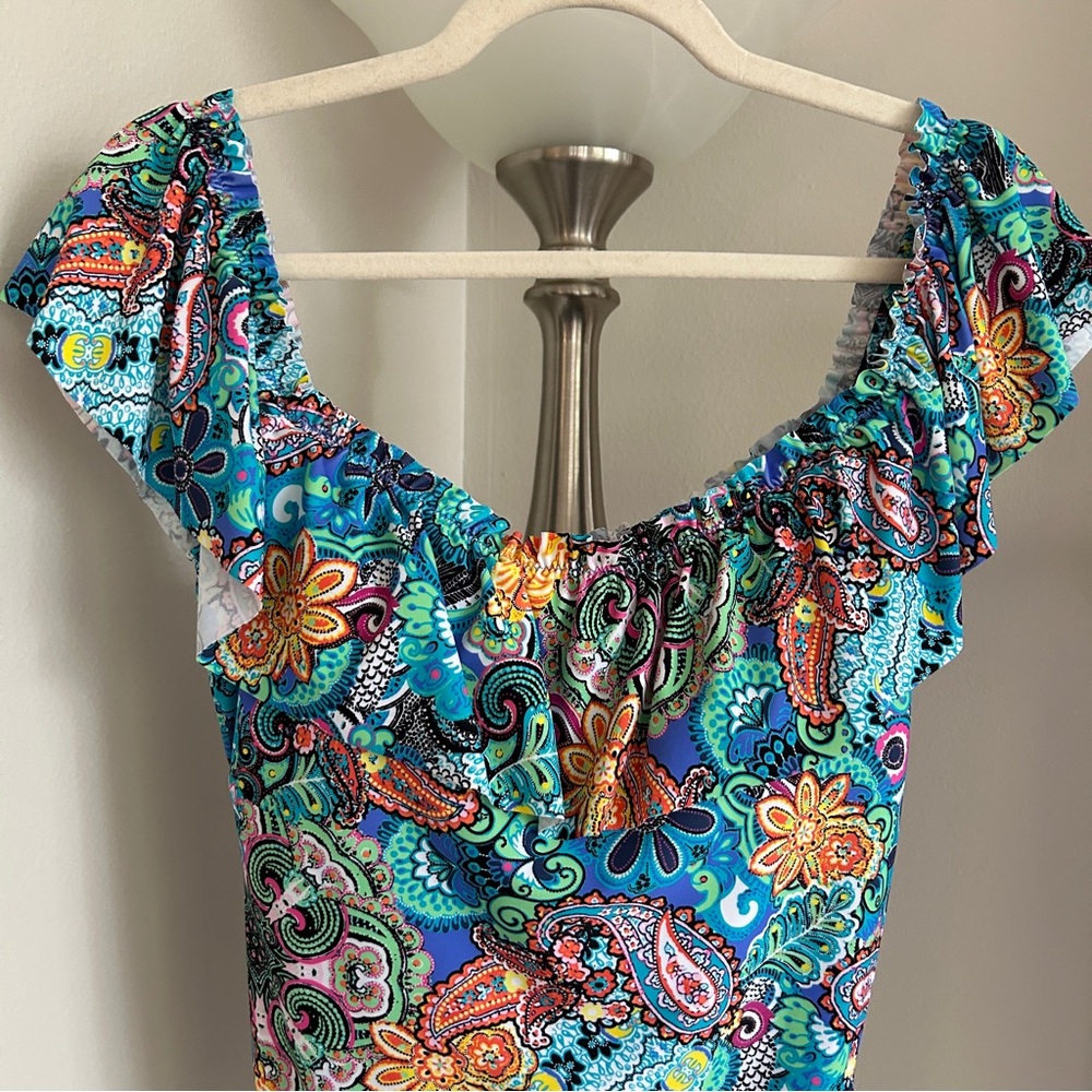Bleu Rod Beattie Let Loose Turquoise Multi Paisley Ruffle One-Piece SZ 12 - Picture 6 of 12